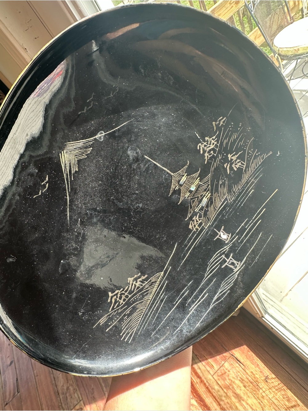 Black Lacquer Asian Scenic Decorative Tray